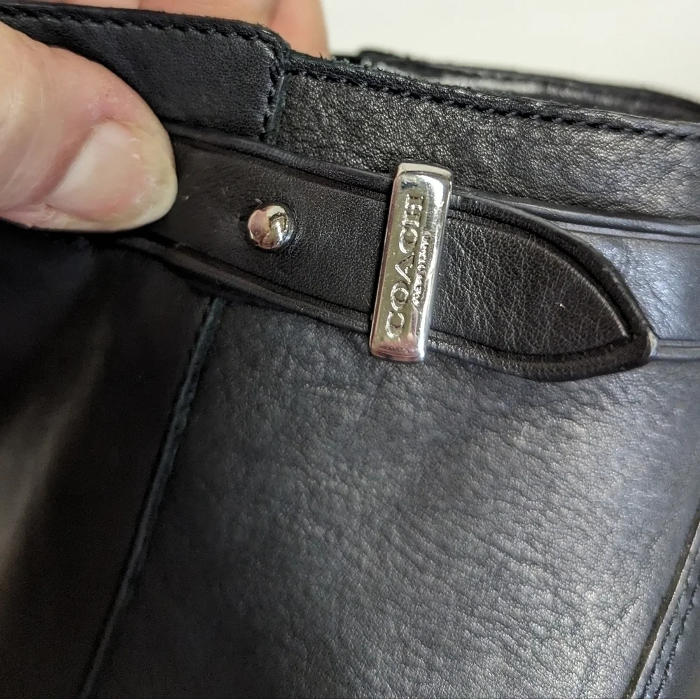 Coach Black Leather Ankle Boots Wood Block Heel 10 Zipper Faux Buckle Logo
